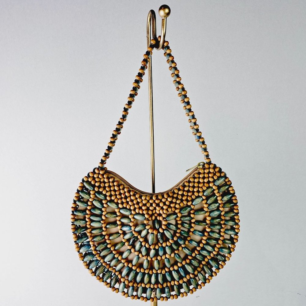 Beaded Shoulder Bag in Tan and Green